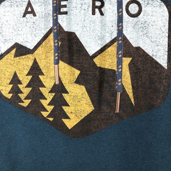 Aeropostale Teal Blue Green Hexagonal Mountain Trees Pull Over Hoodie Sweatshirt - Picture 7 of 10